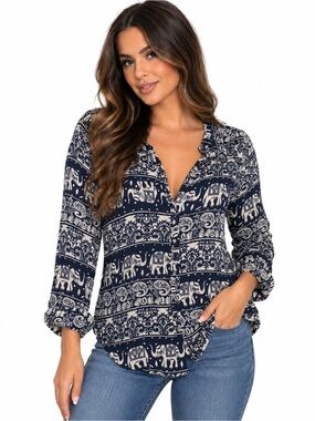 Navy & White Elephant Print Long Sleeve Blouse- Small